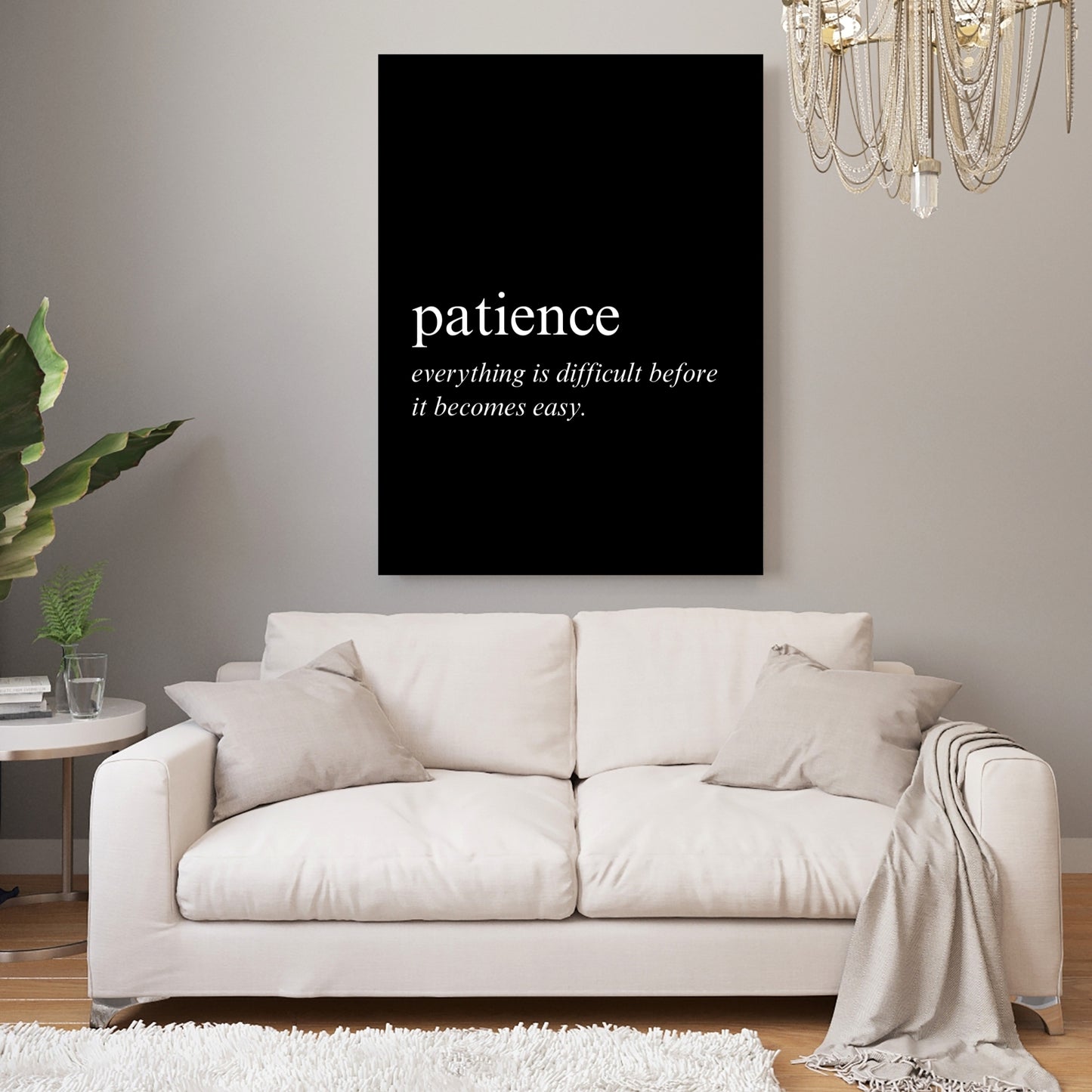 Patience on Black Inspirational Wall Art Canvas Print