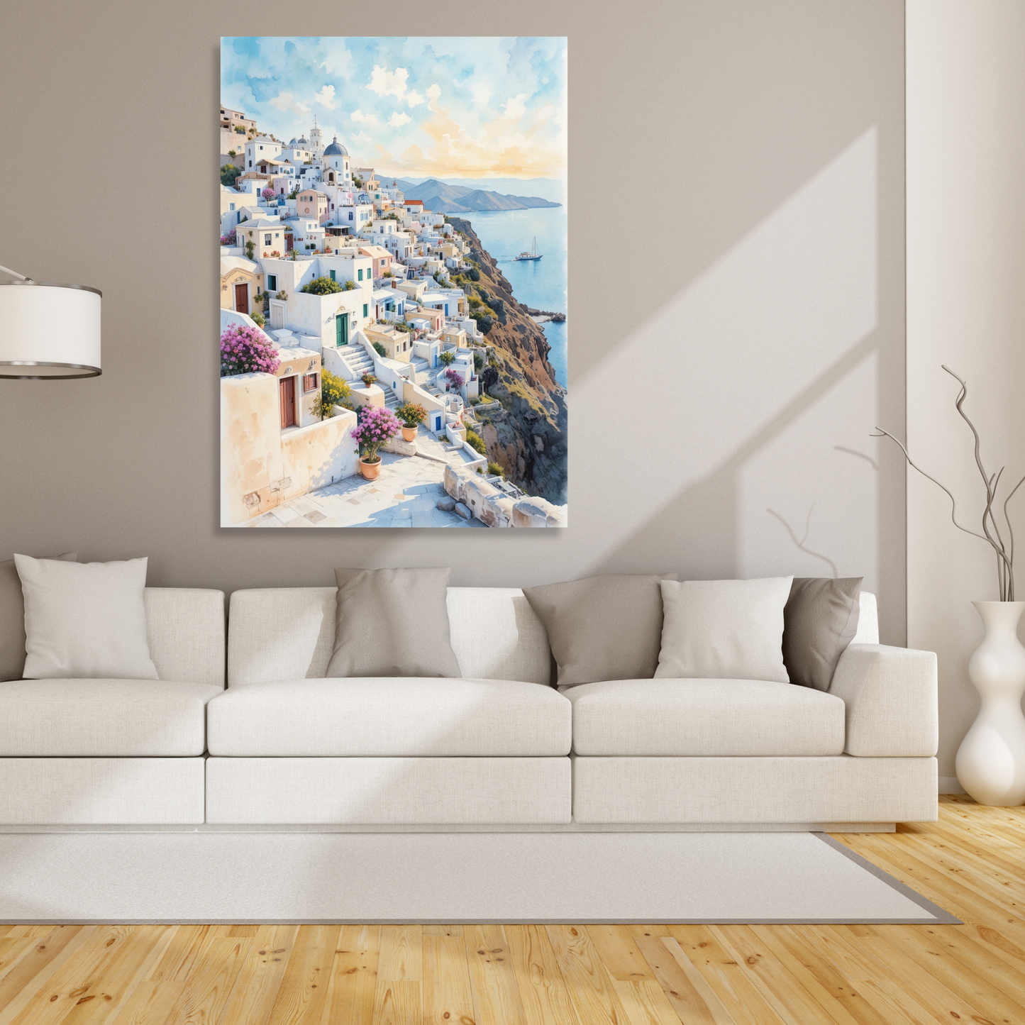 Santorini Greece Watercolour Wall Art Canvas Print