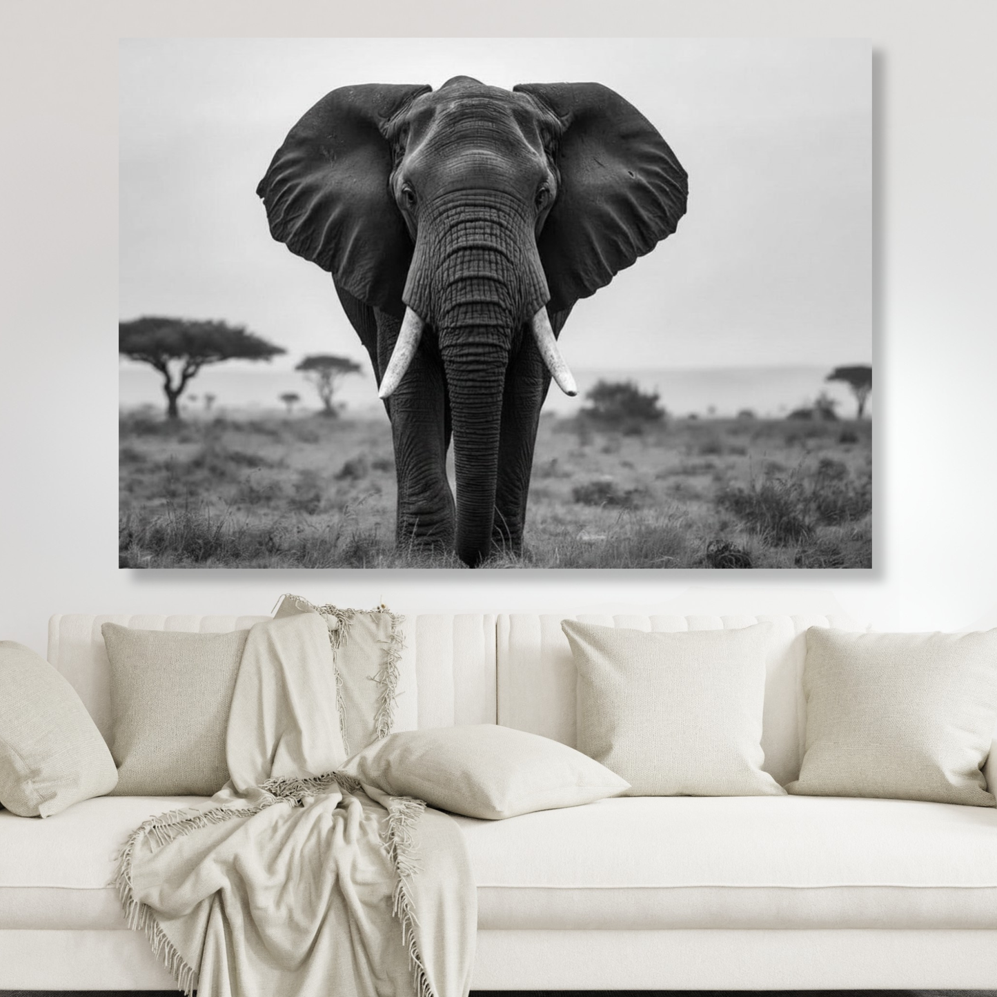 Black & White African Elephant Wall Art Canvas Print