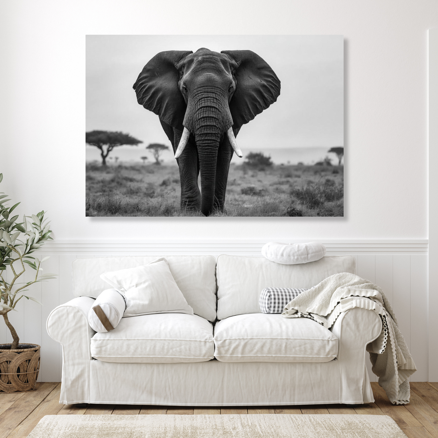 Black & White African Elephant Wall Art Canvas Print