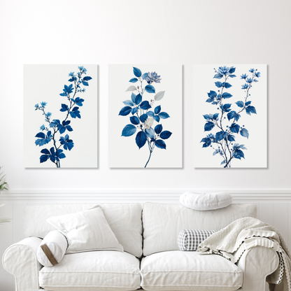 Blue Leaves Set of 3 Wall Art Canvas Prints