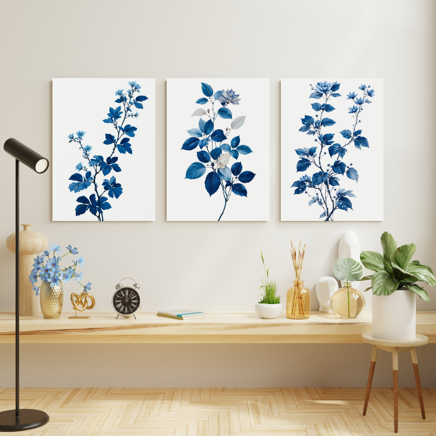 Blue Leaves Set of 3 Wall Art Canvas Prints