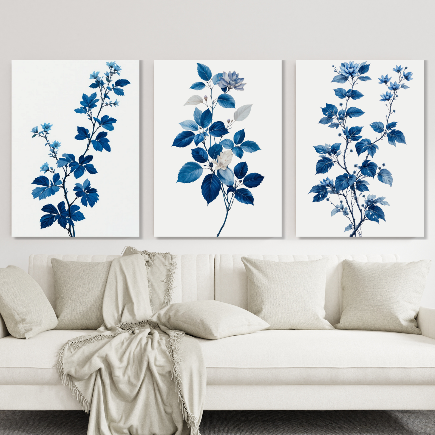 Blue Leaves Set of 3 Wall Art Canvas Prints
