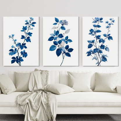 Blue Leaves Set of 3 Wall Art Canvas Prints