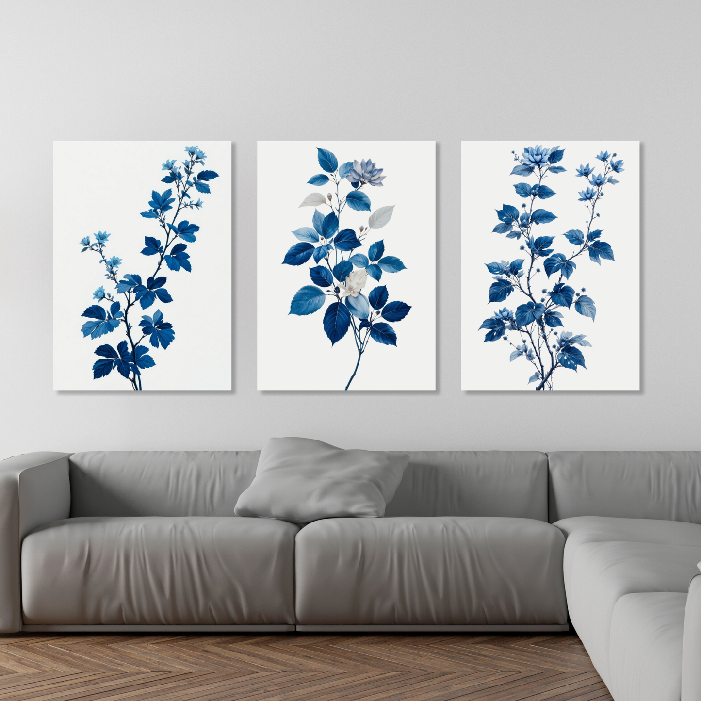 Blue Leaves Set of 3 Wall Art Canvas Prints