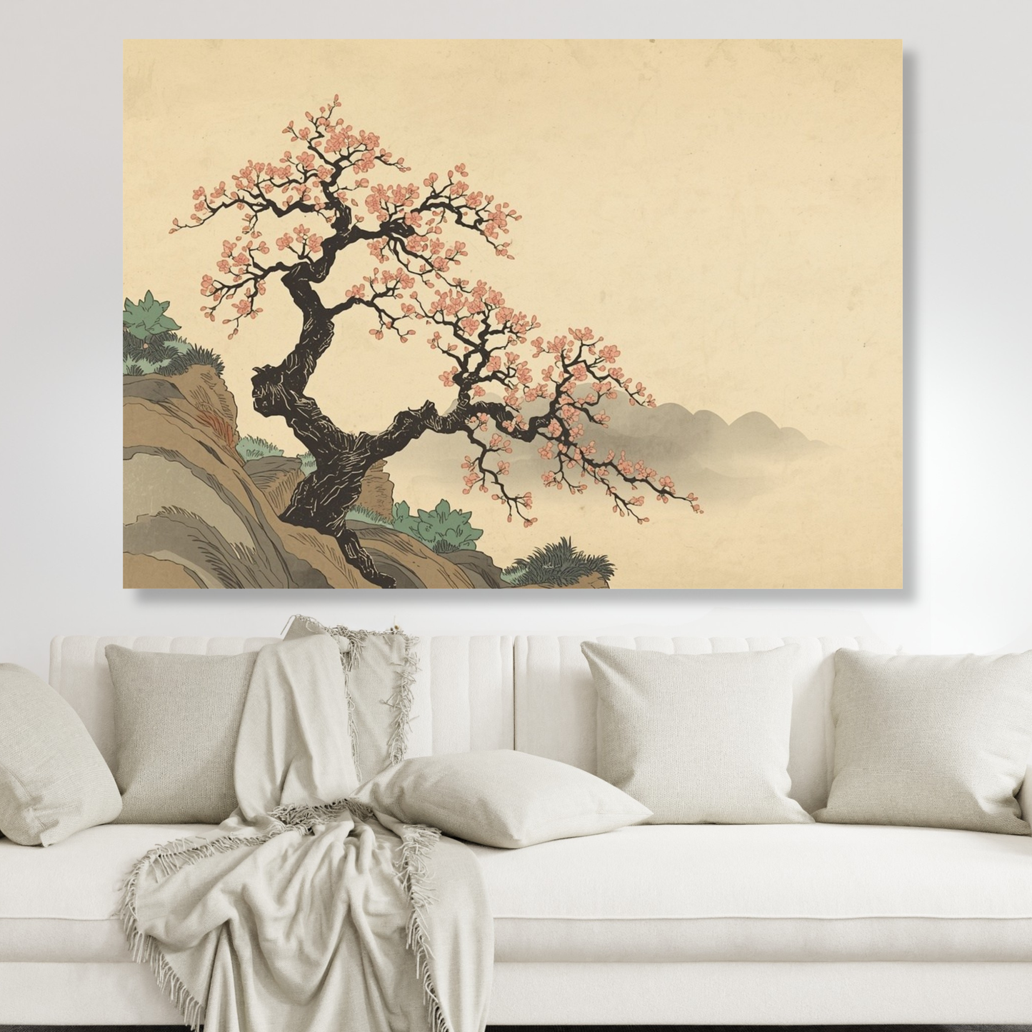 Cherry Blossom On A Cliff Wall Art Canvas Print