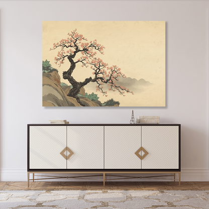 Cherry Blossom On A Cliff Wall Art Canvas Print