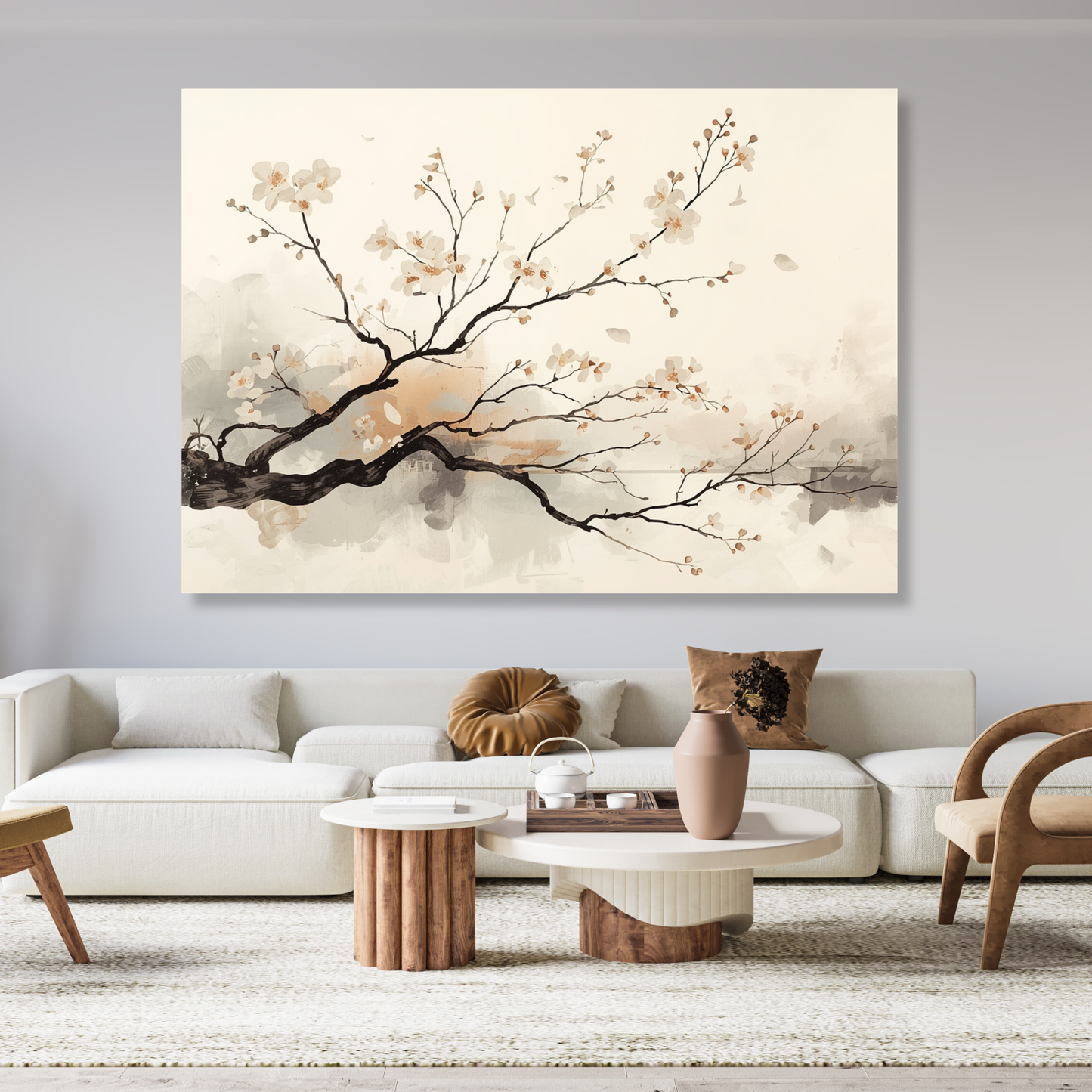 Japandi Cherry Blossom Branch Wall Art Canvas Print
