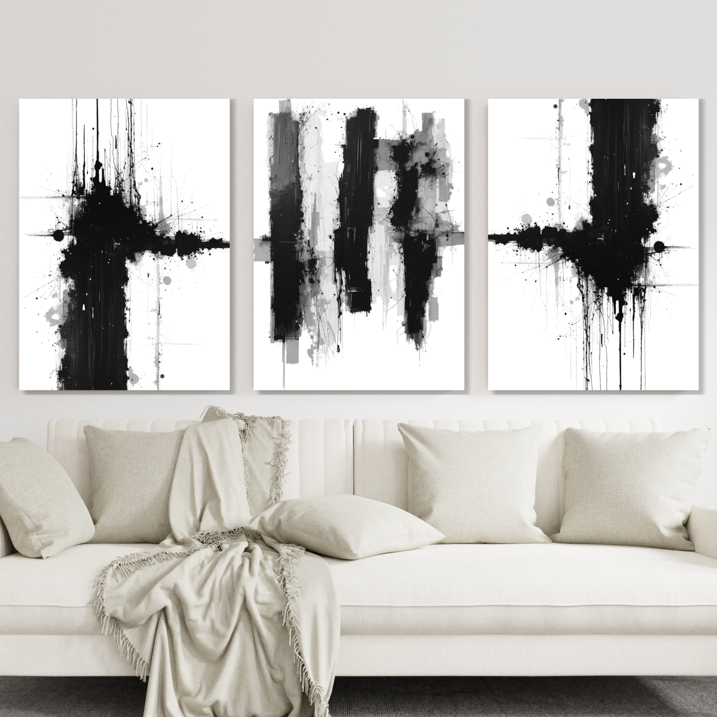 Monochrome Abstract Set of 3 Wall Art Canvas Prints
