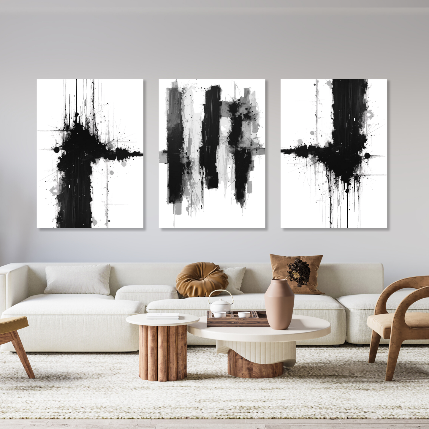 Monochrome Abstract Set of 3 Wall Art Canvas Prints