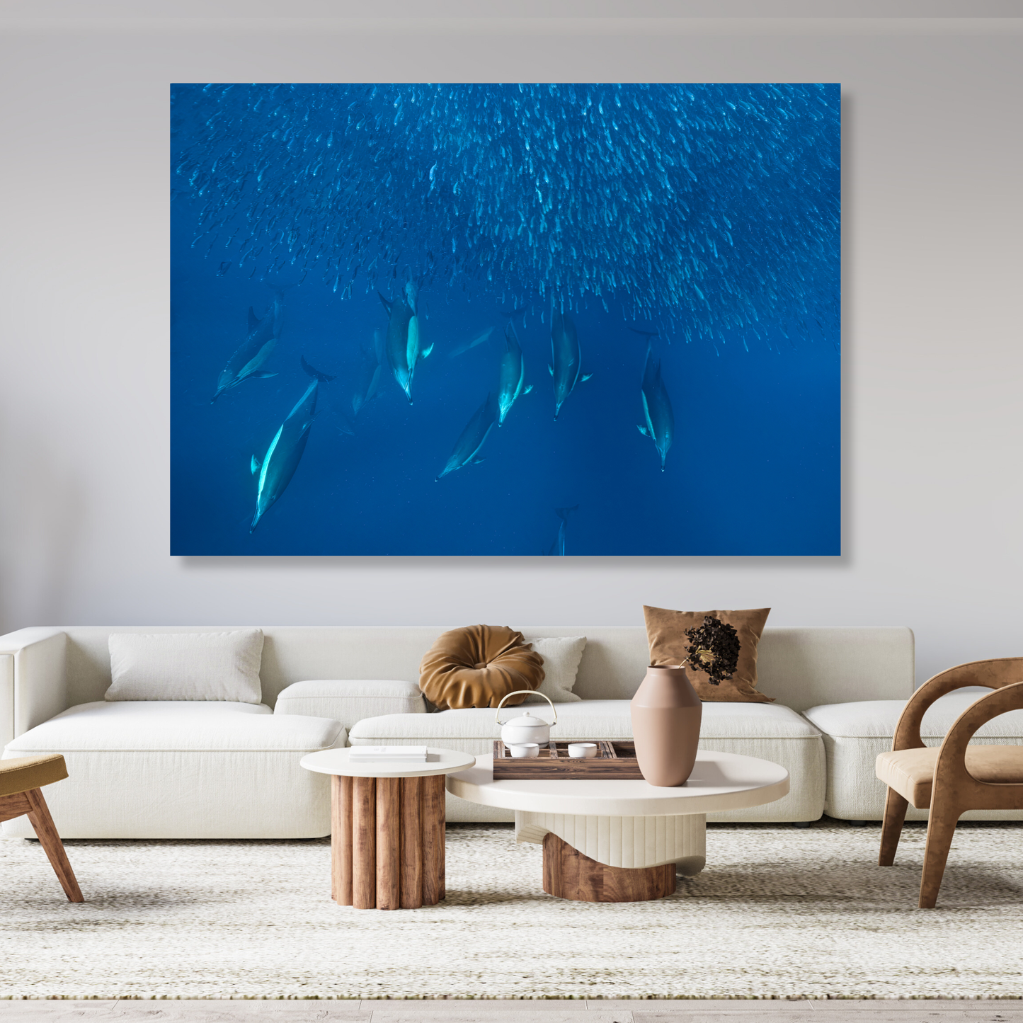 Ocean Dolphins Hunting Sardines Wall Art Canvas Print