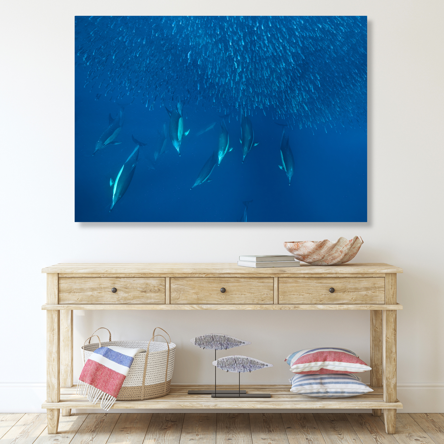 Ocean Dolphins Hunting Sardines Wall Art Canvas Print