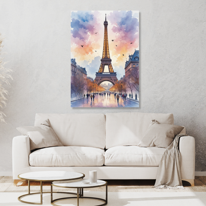 Paris Dusk France Watercolour Wall Art Canvas Print