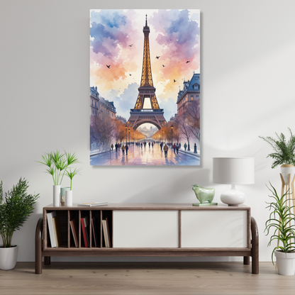 Paris Dusk France Watercolour Wall Art Canvas Print