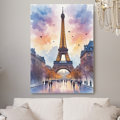 Paris Dusk France Watercolour Wall Art Canvas Print