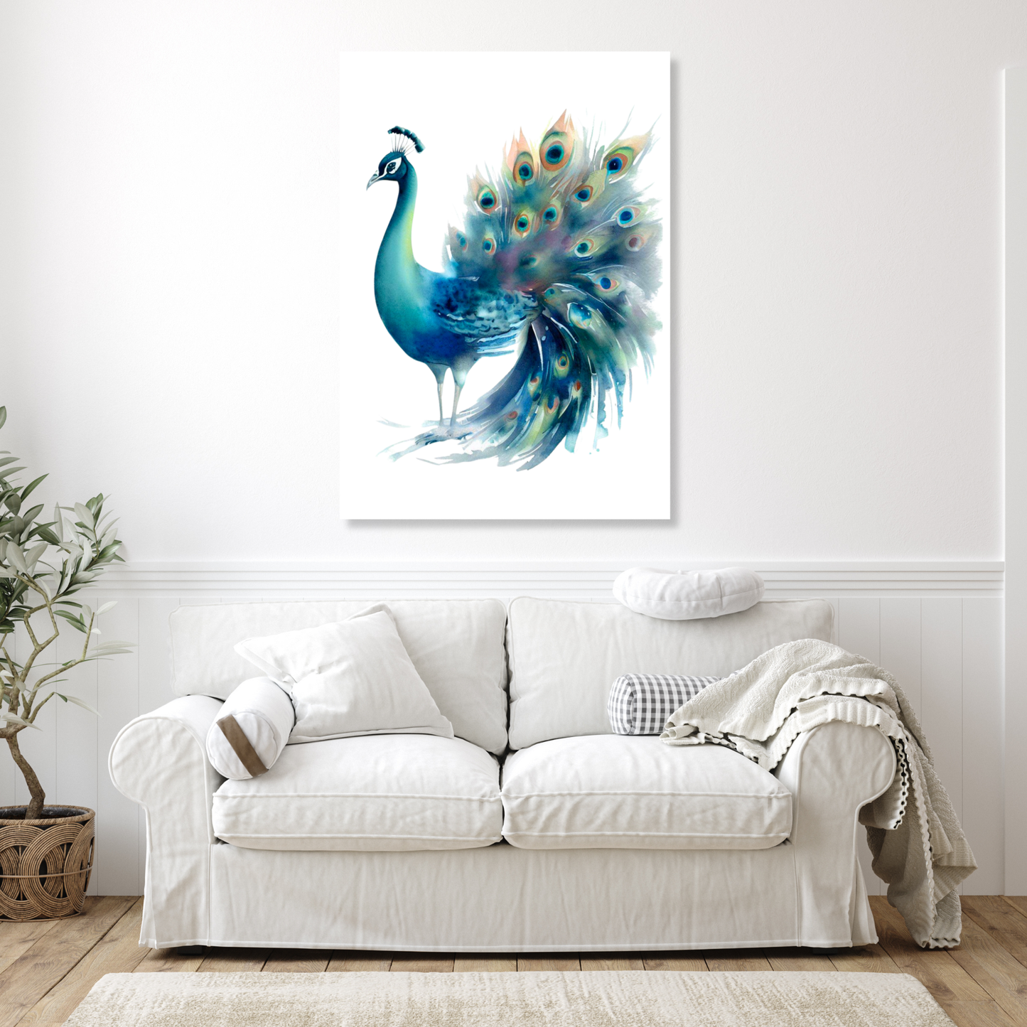 Peacock In Watercolour Wall Art Canvas Print