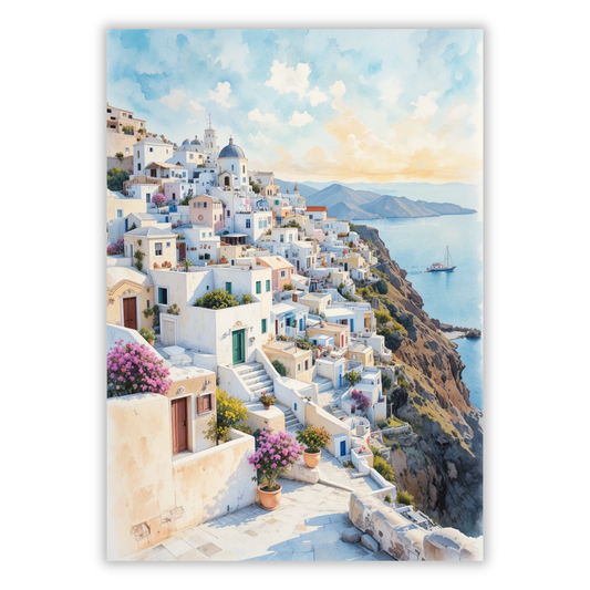 Santorini Greece Watercolour Wall Art Canvas Print