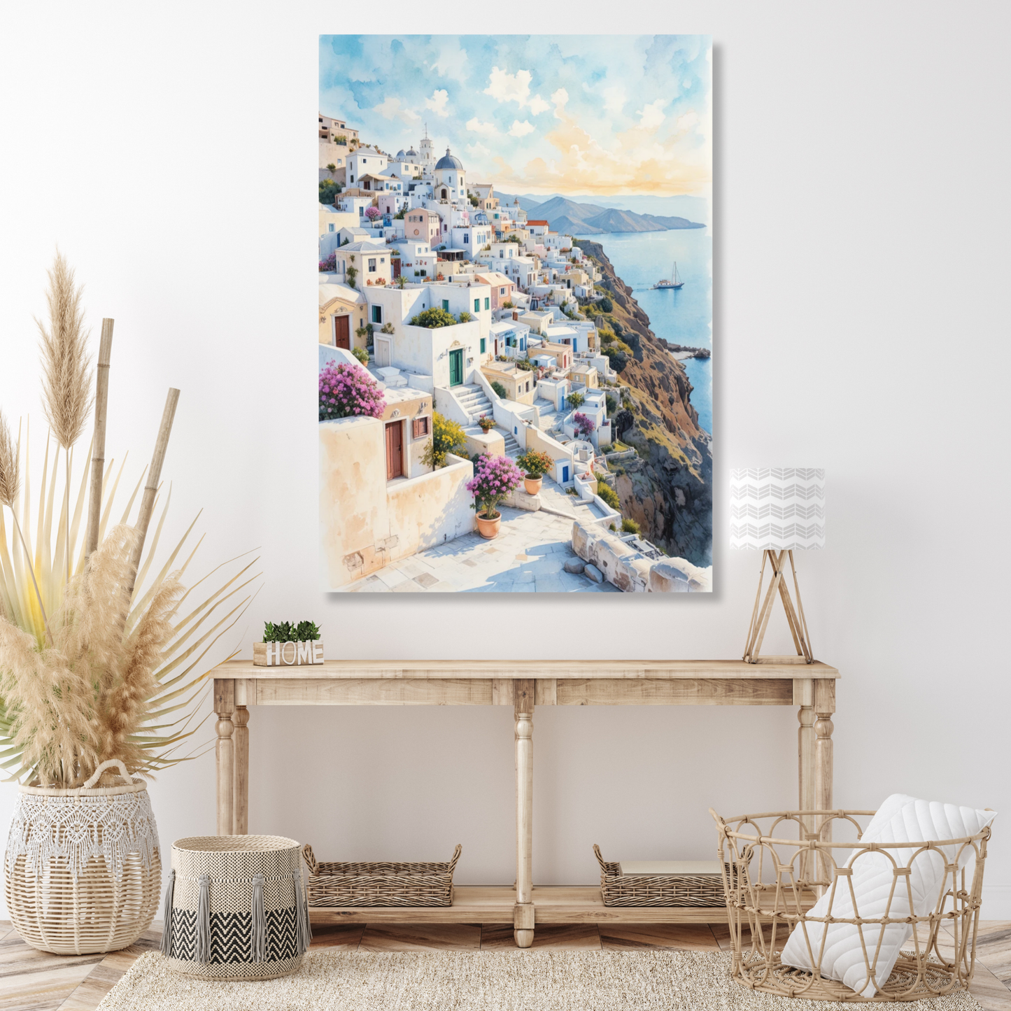 Santorini Greece Watercolour Wall Art Canvas Print
