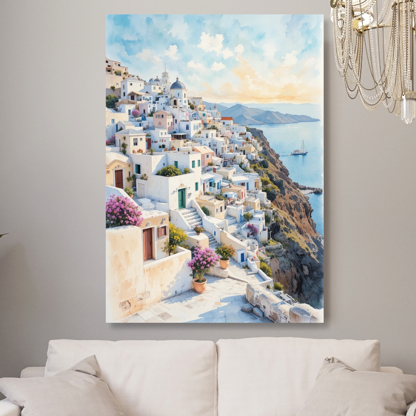 Santorini Greece Watercolour Wall Art Canvas Print