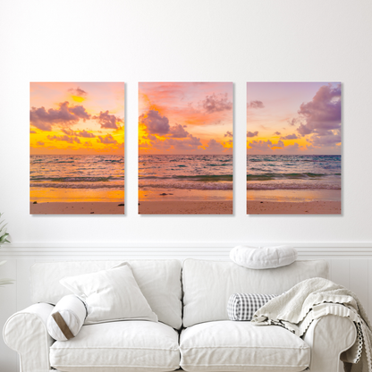 The Beach At Sunset Set of 3 Wall Art Canvas Prints