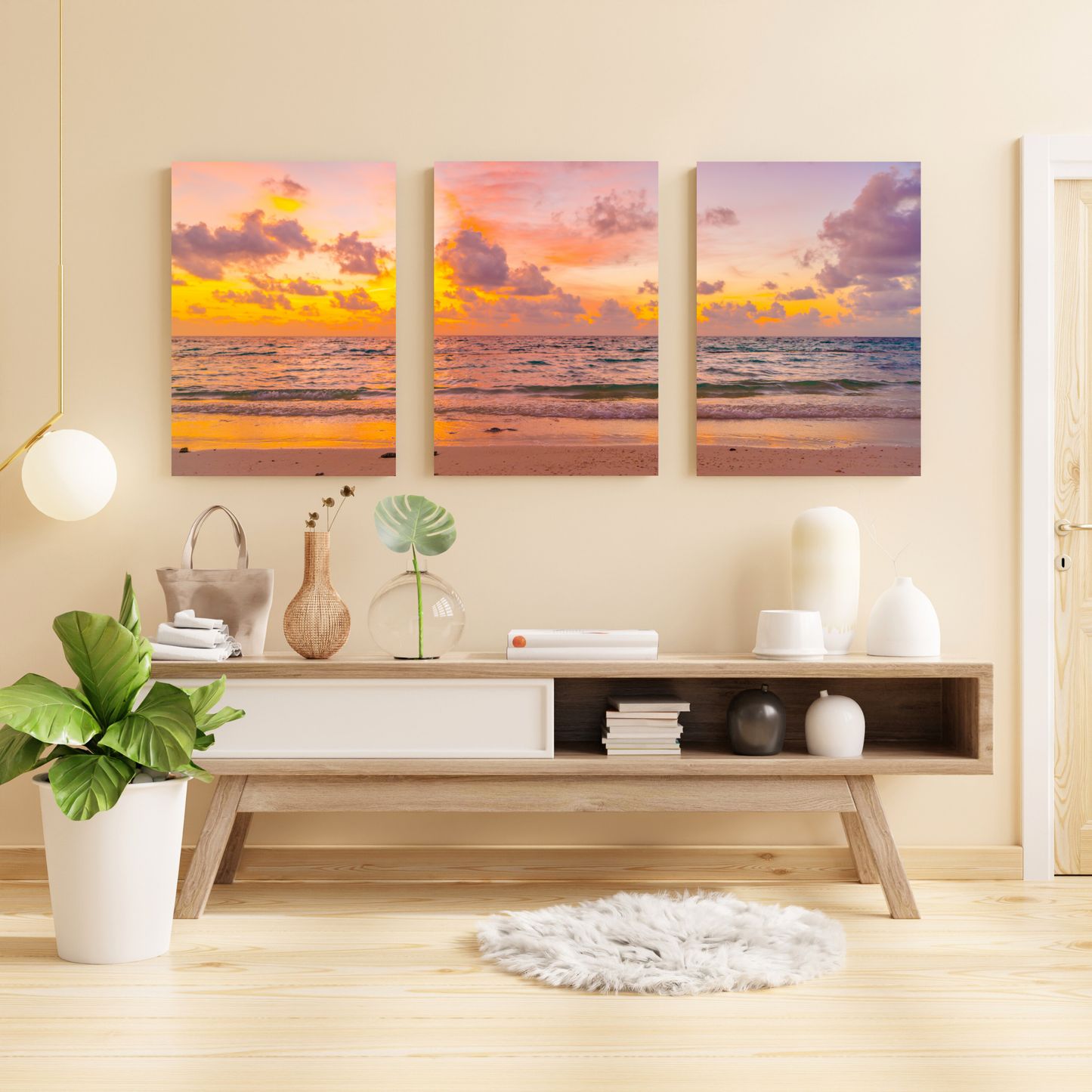 The Beach At Sunset Set of 3 Wall Art Canvas Prints