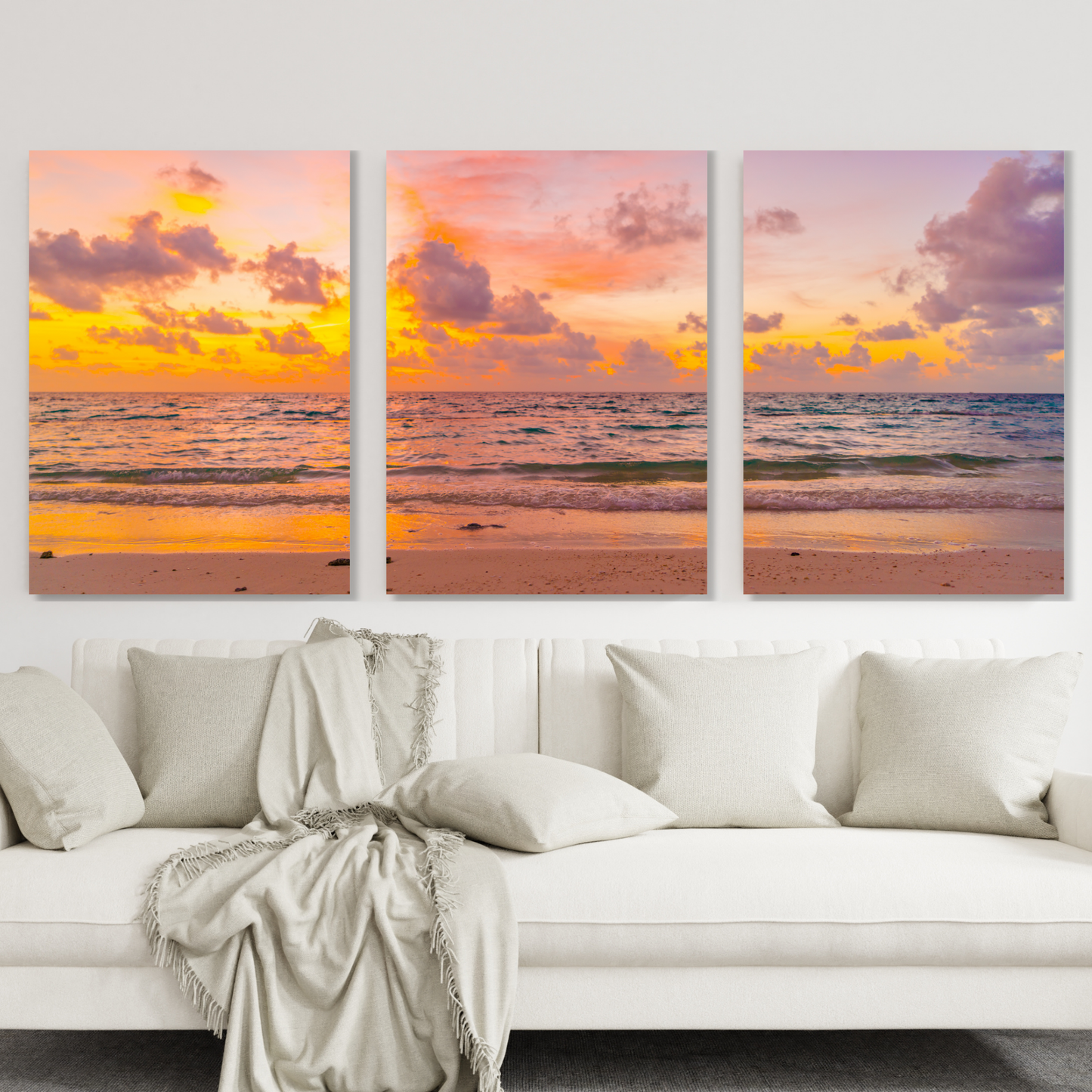 The Beach At Sunset Set of 3 Wall Art Canvas Prints