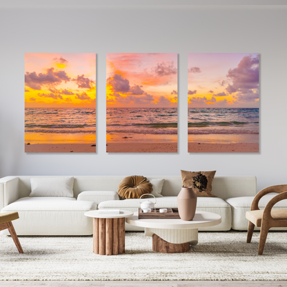 The Beach At Sunset Set of 3 Wall Art Canvas Prints